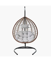 Rainsken Hanging Rattan Egg Swing Chair, Foldable Hammock Chair with Iron Frame, Comfortable Cushion and Removable Headrest for Balcony