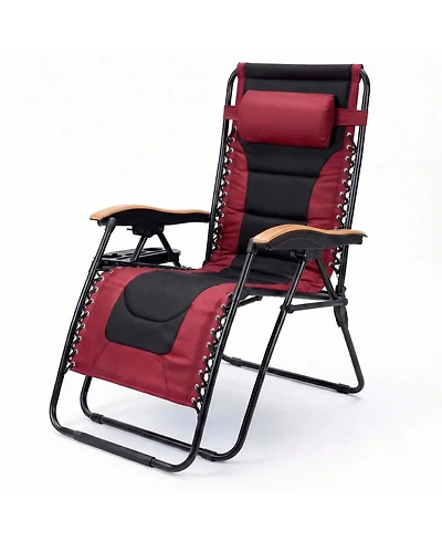 Rainsken Portable Zero Gravity Foldable Lounge Chair, Outdoor Recliner with Wooden Armrests and Cup Holder, Supports 400 Lbs for Patio, Beach and Lawn