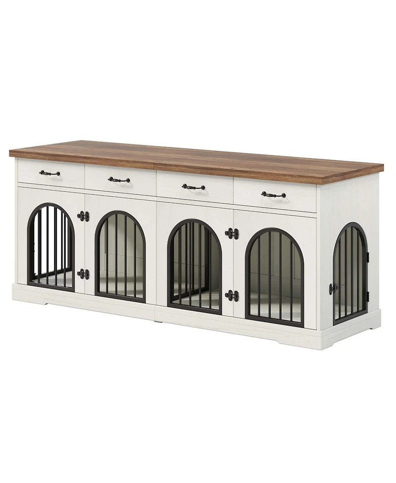Aostirmotor 70.8" Dog Crate Furniture for 2 Dogs with Divider, 4 Storage Drawers and Doors, End Table Tv Stand, Whiteand