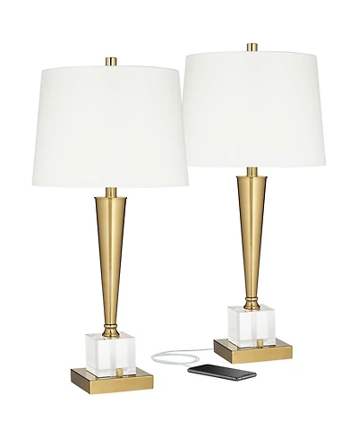 Possini Euro Design Wayne Modern Table Lamps 29 1/4" Tall Set of 2 Brass with Usb Charging Port Fabric Drum Shade for Bedroom Living Room Kids