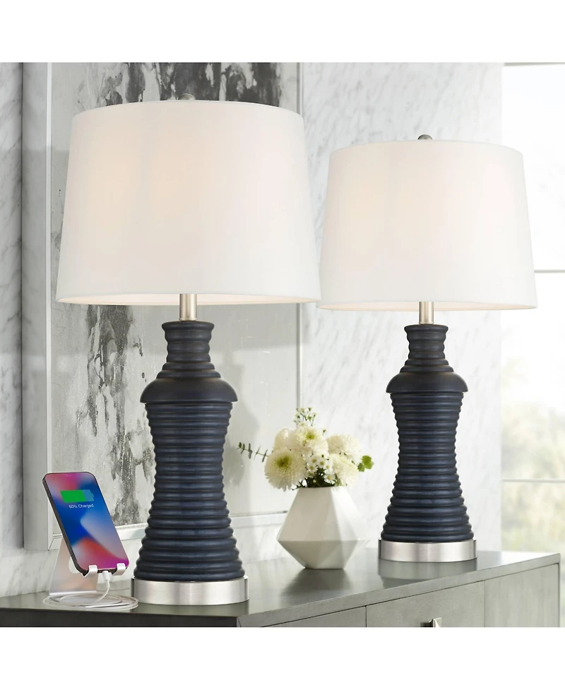 360 Lighting Maxwell 27 1/5" High Blue Rippled Ceramic Usb Table Lamp Set of 2