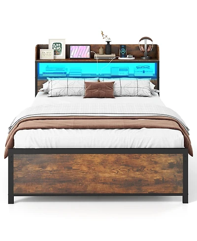 Gouun Led Bed Frame with Power Outlets and Storage Headboard
