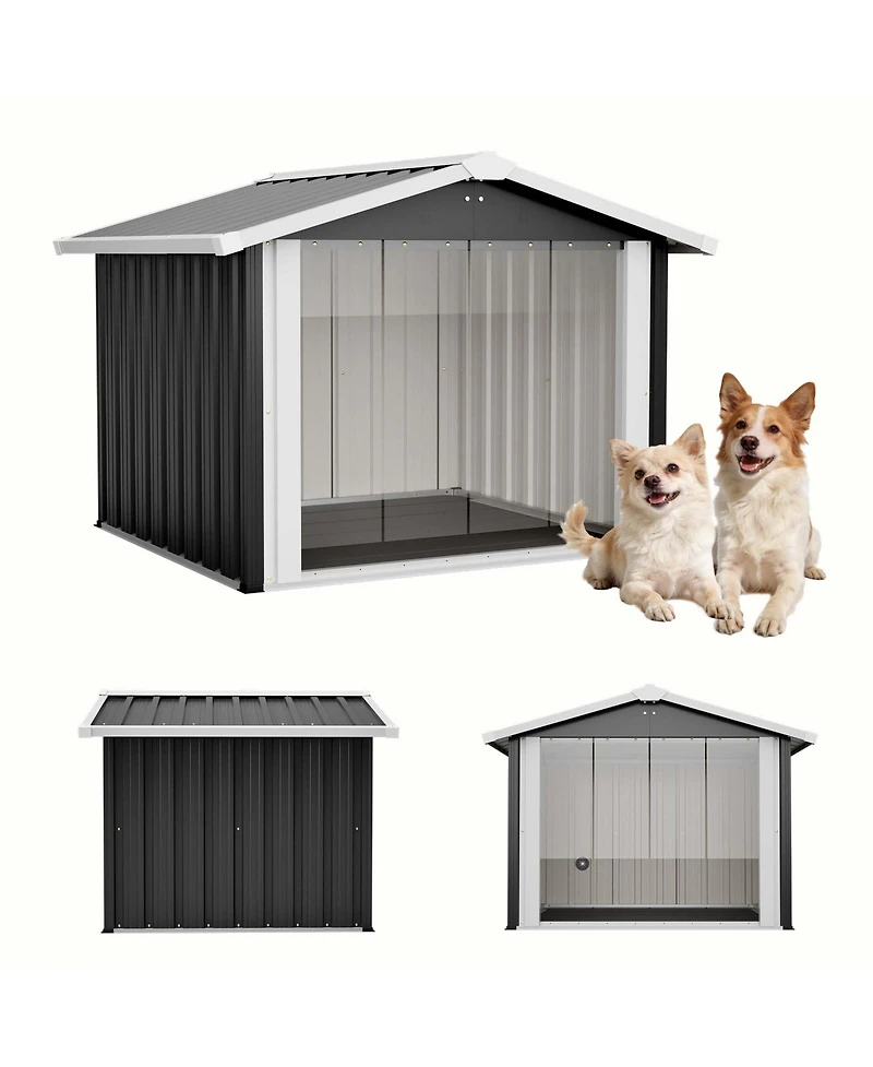 Aostirmotor 39.7" 2-in-1 Metal Dog House and Storage Shed, Weatherproof Outdoor Shelter for Dogs