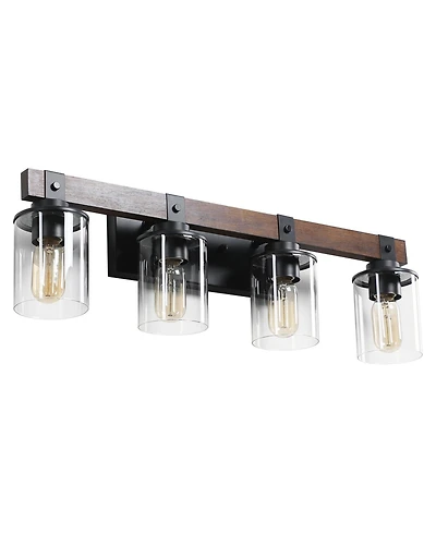 Busdays Modern Farmhouse 4-Light Vanity Light, 27" Industrial Wall Sconce with Wood Accents and Clear Glass Shades for Bathroom