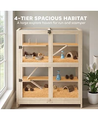 PawHut Wooden Hamster Cage, 4 Tier Small Animal Cage with Mesh Flip Roof