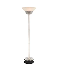 Possini Euro Design Light Blaster Art Deco Torchiere Floor Lamp withRiser 76 3/4" Tall Brushed Nickel Frosted Glass Bowl Shade for Living Room