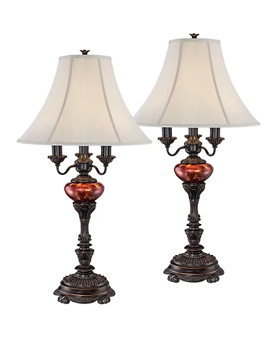 Barnes and Ivy Rhys 34" Tall Traditional 3 Way Table Lamps, Bronze Finish with Tortoise Shell Glass, Set of 2