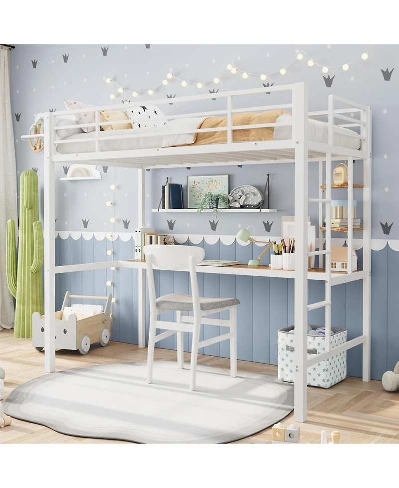 gaomon Metal Loft Bed with Large Desk Storage Shelves Ladder Safety Guardrail Steel Slats Space-Saving