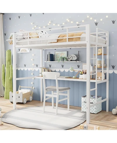 gaomon Metal Loft Bed with Large Desk Storage Shelves Ladder Safety Guardrail Steel Slats Space-Saving