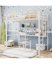 gaomon Metal Loft Bed with Large Desk Storage Shelves Ladder Safety Guardrail Steel Slats Space-Saving