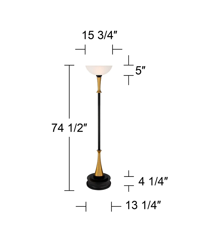 Possini Euro Design Burbank Modern Art Deco Torchiere Floor Lamp with Riser 74 1/2" Tall Brass Frosted Glass Shade for Living Room