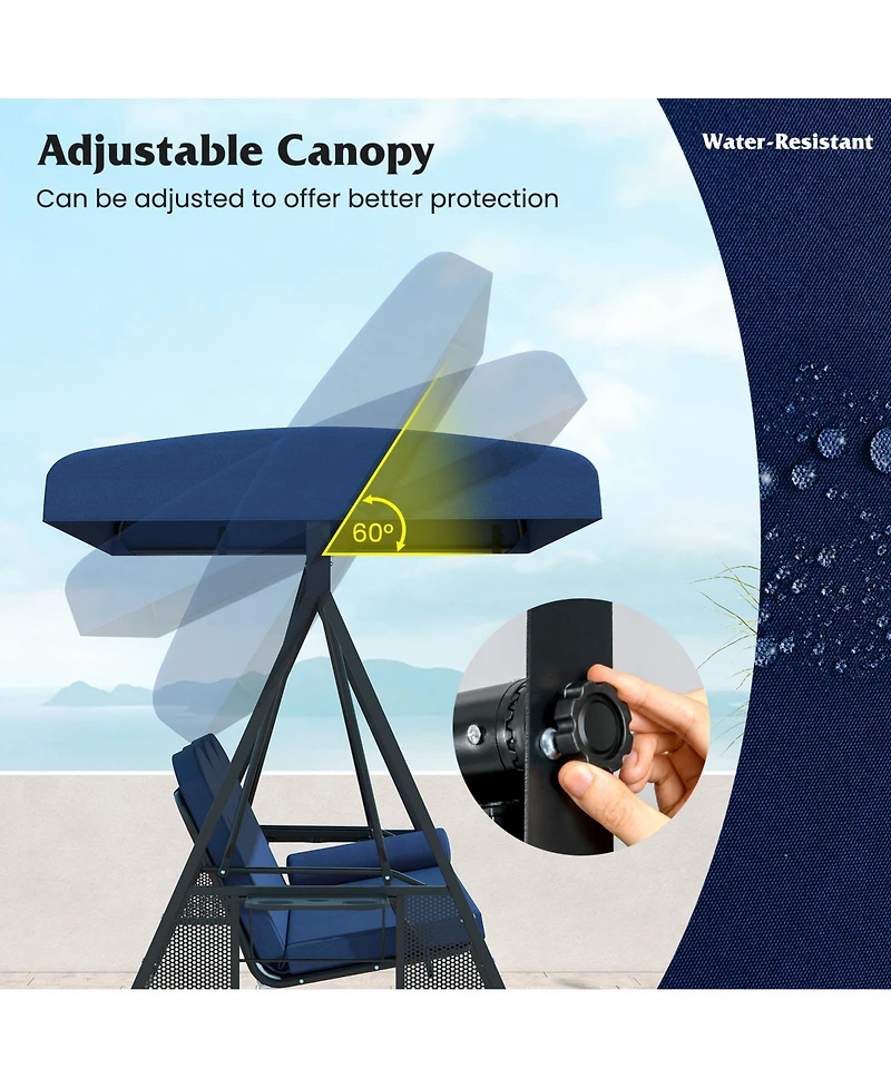 Sugift 3-Seat Patio Swing Chair Porch Swing with Adjustable Canopy Thickened Cushions Pillow and Foldable Side Trays