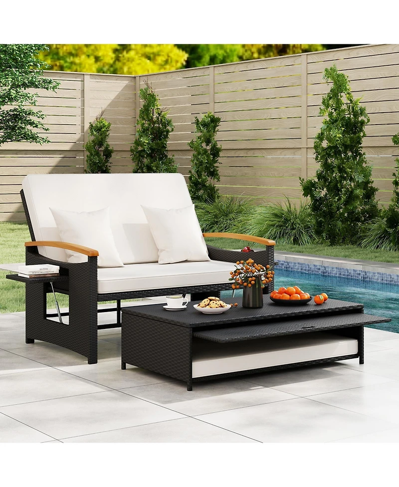 Sugift Outdoor Wicker Daybed with Folding Panels and Storage Ottoman