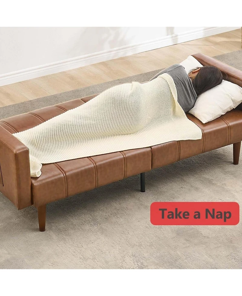 gaomon 75" Faux Leather Futon Sofa Bed, Convertible Sleeper Couch with Adjustable Backrest and Side Pockets