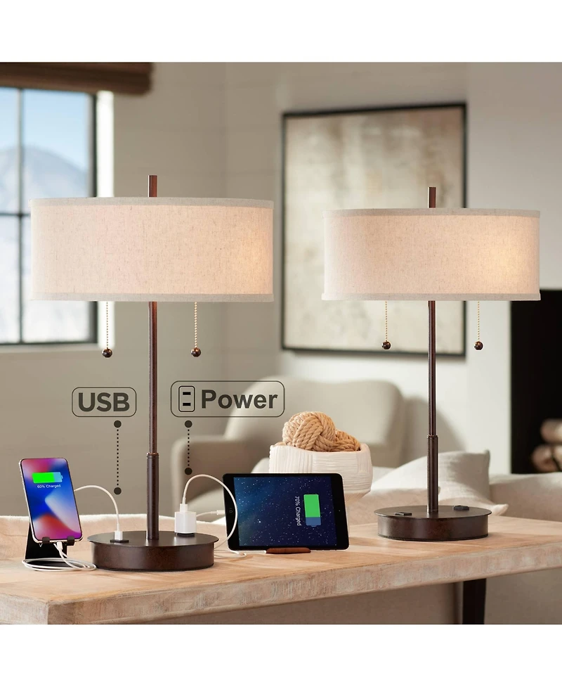360 Lighting Modern Accent Table Lamps 23.5" High Set of 2 with Hotel Style Usb and Ac Power Outlet in Base Fabric Drum Shade for Living Room