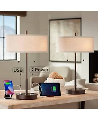 360 Lighting Modern Accent Table Lamps 23.5" High Set of 2 with Hotel Style Usb and Ac Power Outlet in Base Fabric Drum Shade for Living Room