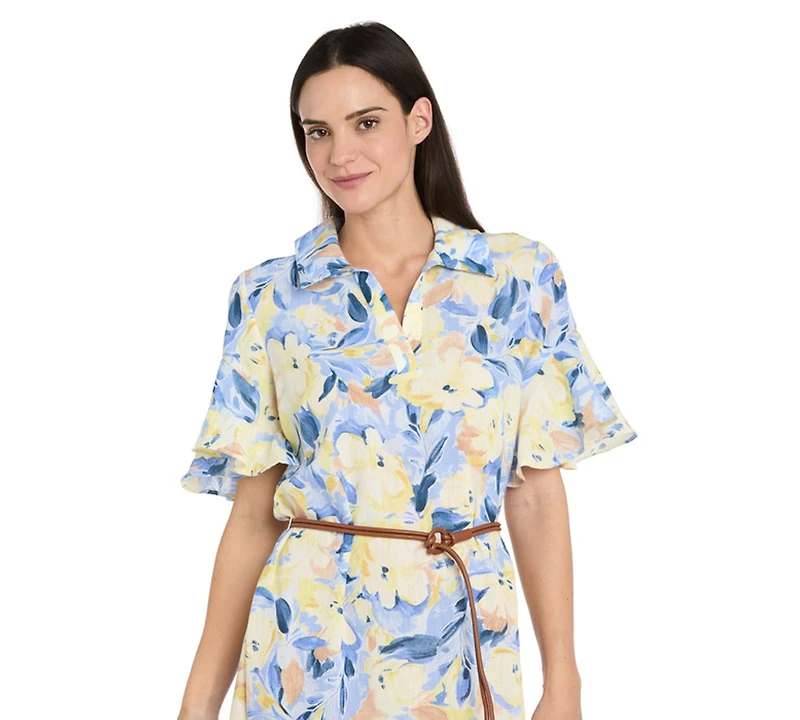 R & M Richards Petite Belted Collared Midi Dress