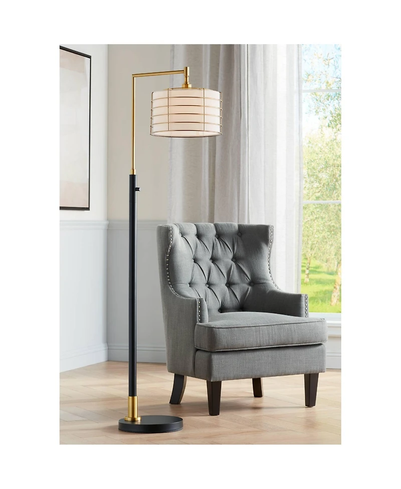Possini Euro Design Modern Arc Floor Lamp 63 1/2" Tall Warm Gold Metal Cage Linen Shade for Living Room Reading