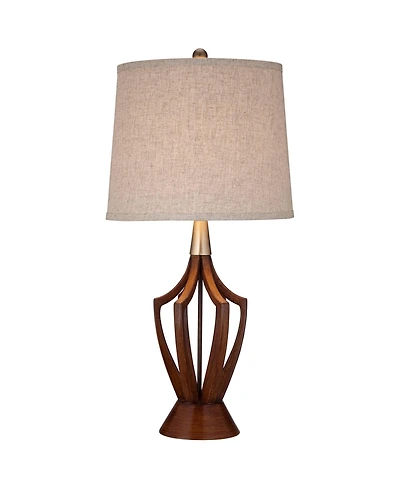 360 Lighting St. Claire Modern Mid Century Table Lamp 30 3/4" Tall Wood Usb Charging Port Fabric Drum Shade for Bedroom Living Room Office House Home