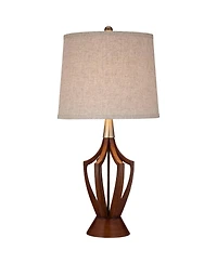 360 Lighting St. Claire Modern Mid Century Table Lamp 30 3/4" Tall Wood Usb Charging Port Fabric Drum Shade for Bedroom Living Room Office House Home