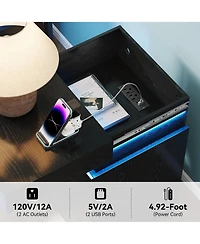 Rainsken Nightstand with Built-In Charging Station and Led Lighting, Modern Wooden End Side Table with 3-Drawer and Sliding-Top for Bedroom