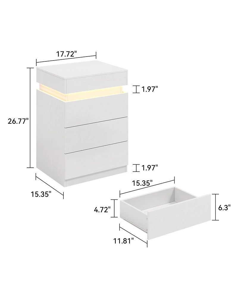 Rainsken Modern Wooden Nightstand with Charging Station and Led Light, 3 Drawers and Sliding Top Design, Multifunctional Bedside Table for Bedroom