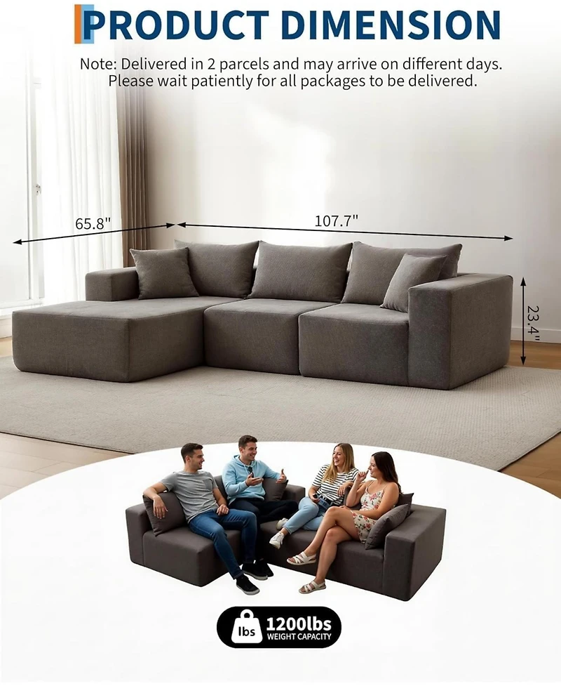 gaomon 108" Modular Cloud Sectional Sofa, L-Shaped Couch with Chaise, Deep Seat, No Assembly