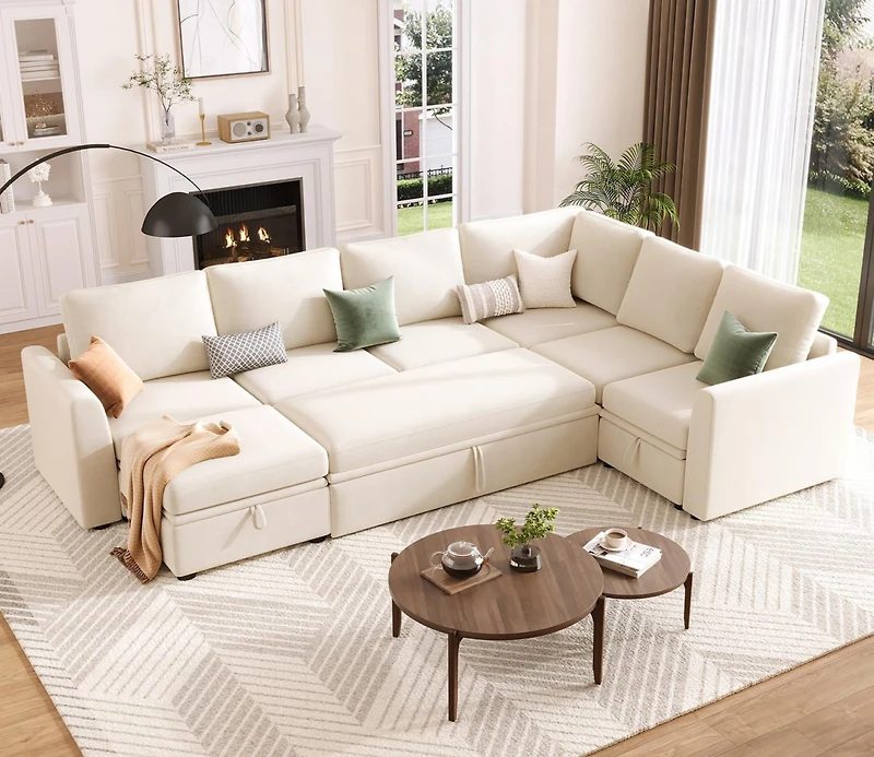 gaomon Sectional Sleeper Sofa, Corduroy Couch with Pull-Out Bed and Storage, Tool-Free Assembly