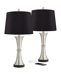 360 Lighting Seymore Modern Table Lamps 26" High Set of 2 Silver with Usb Charging Port Led Touch On Faux Drum Shade for Bedroom Desk