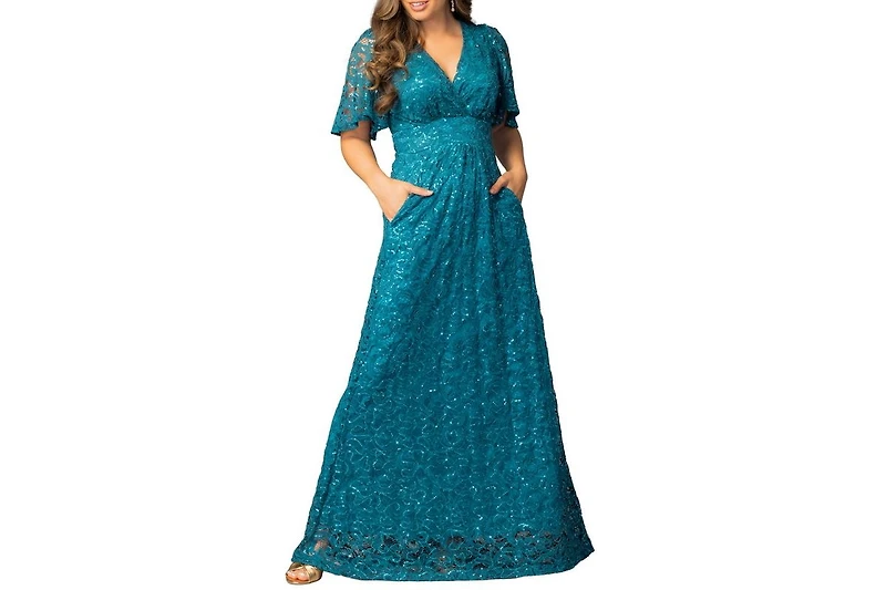 Kiyonna Women's Luminous Sequin Lace Evening Gown with Pockets