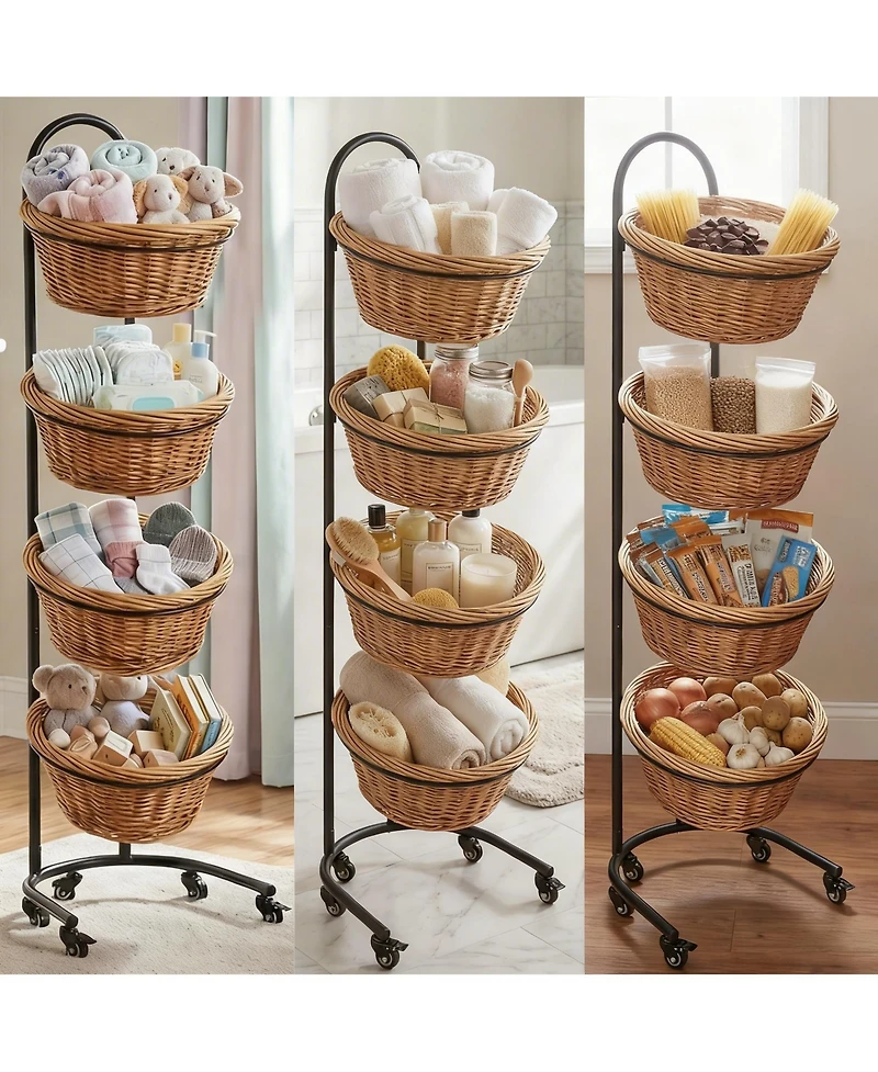 Yigii 4 Tier Metal Display shelves with Wheels Sign Clips Baskets for Retail Market