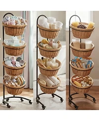 Yigii 4 Tier Metal Display shelves with Wheels Sign Clips Baskets for Retail Market