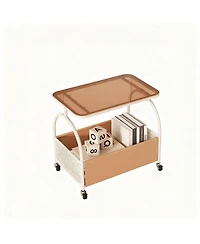 Yigii 2-Tier Glass Top Rolling Side shelf with Storage Basket Mobile End Table on Wheels