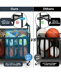 Yigii Organizer 37 Gallon Ball Storage Bin Steel shelf Baskets Hooks Elastic Straps Wheels