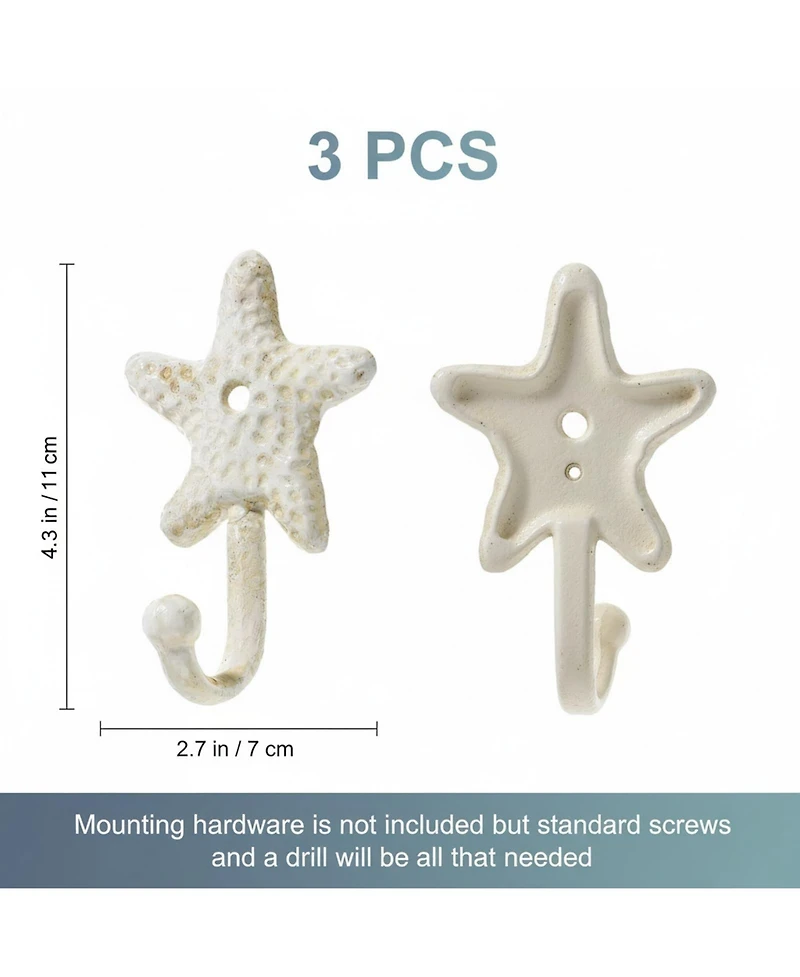 Yigii 3pcs Cast Iron Starfish Wall Hooks Nautical Decorative Hangers for Coats Towels Keys