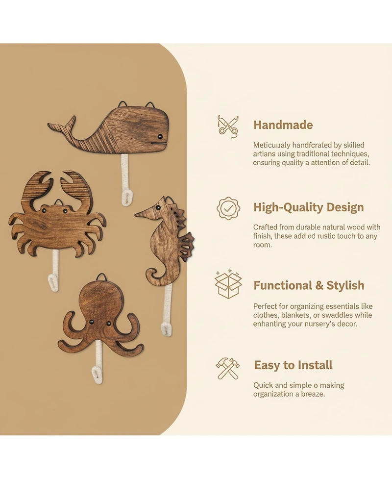 Yigii Sea Life Wooden Wall Hooks Set of 4 Handmade Animal Decorative Hooks for Nursery Beach Room
