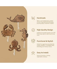 Yigii Sea Life Wooden Wall Hooks Set of 4 Handmade Animal Decorative Hooks for Nursery Beach Room