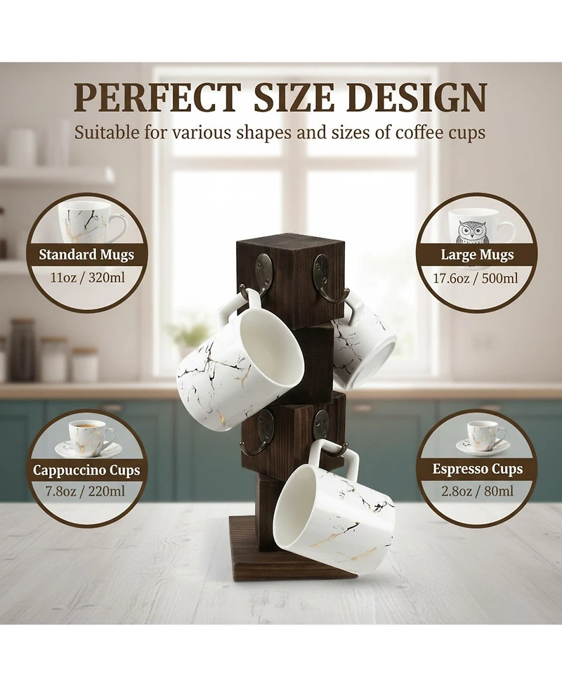 Yigii Rustic Solid Wood Coffee Mug Holder Tree 8 Hooks Farmhouse Cup Rack