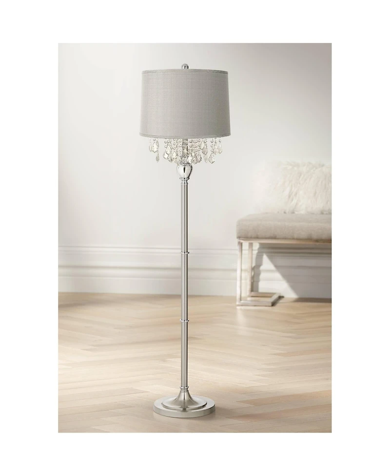 360 Lighting Modern Floor Lamp 62.5" Tall Satin Steel Chrome Crystal Chandelier Platinum Drum Shade for Living Room Reading Bedroom