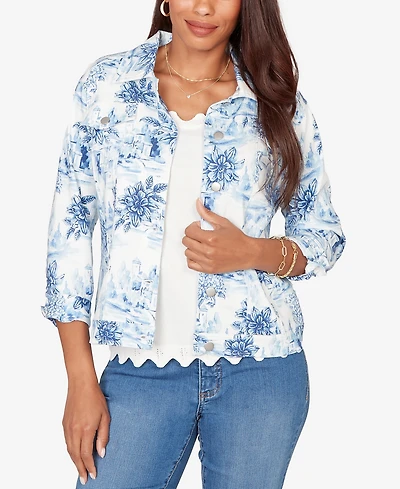 Ruby Rd. Petite Toile Print Button-Front Denim Jacket