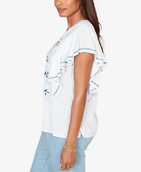 Ruby Rd. Petite Feather-light Embroidered Flutter-Sleeve T-Shirt