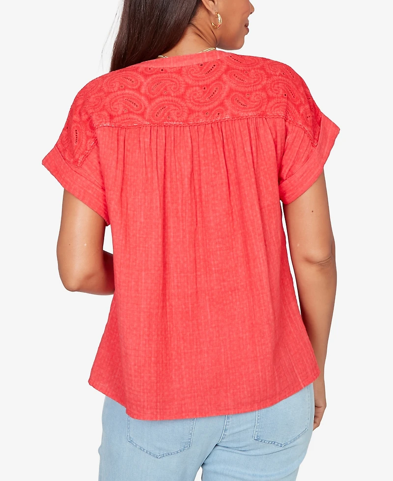 Ruby Rd. Petite Paisley Embroidered Gauze-Button T-Shirt