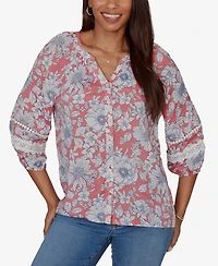 Ruby Rd. Petite Floral Silky Gauze Peasant Button-Front Top