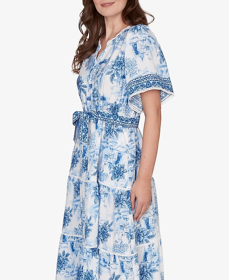 Ruby Rd. Petite Floral Toile Tie-Waist Tiered Dress