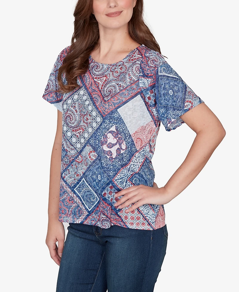 Ruby Rd. Petite Patchwork Shirred Scoop Neck T-Shirt