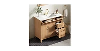 Busdays Modern Wood Grain Bathroom Vanity, Ceramic Sink, Solid Rubberwood Legs, Soft-Close Doors and 4 Drawers