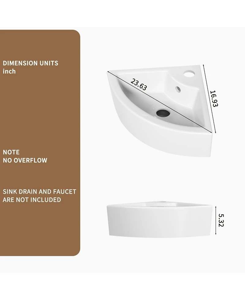 Busdays Wall Mounted Triangle Corner Vessel Sink Gloss Ceramic Space Saving Bathroom Sink