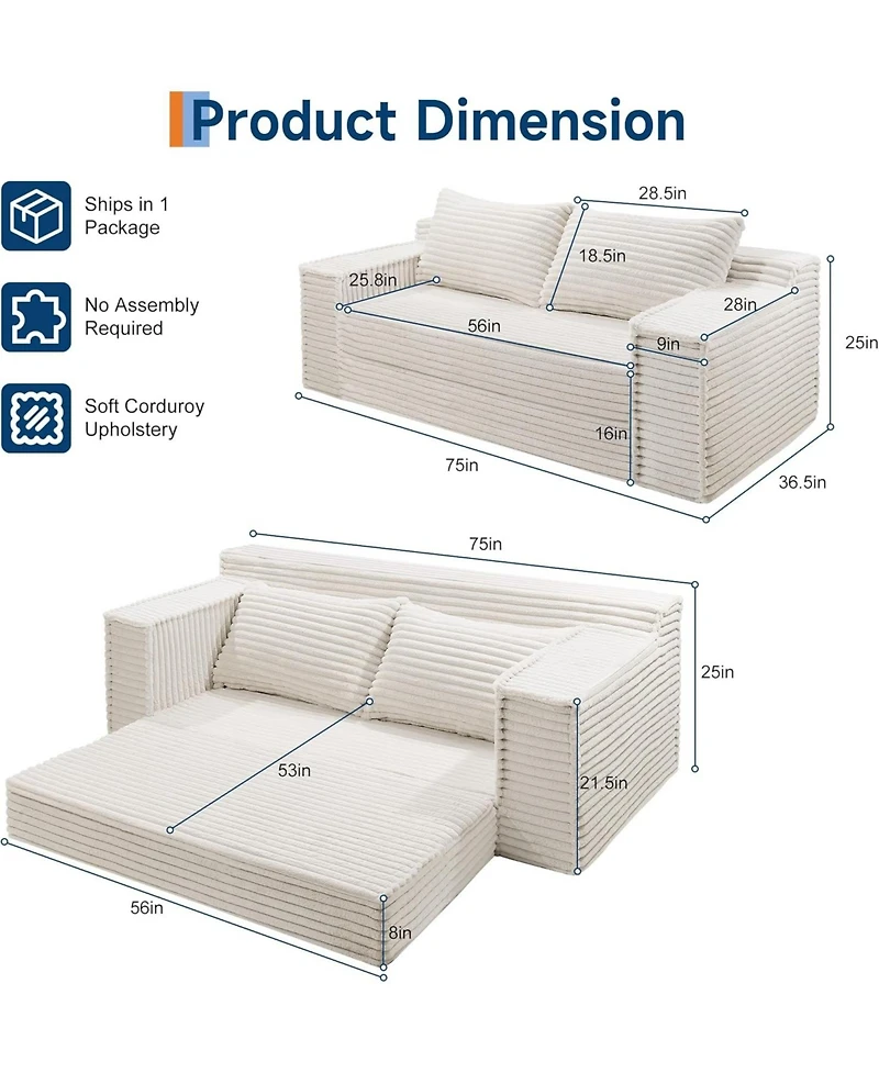 gaomon 75" Convertible Sofa Bed, Boneless Futon Couch with 2 Pillows, Pull-Out Loveseat Sleeper