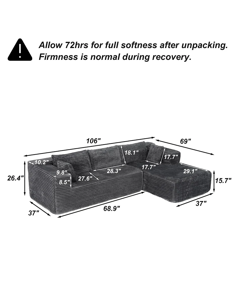 Homsee 106" Modular Sectional Sofa with Pillows, L-Shape Corduroy Cloud Couch