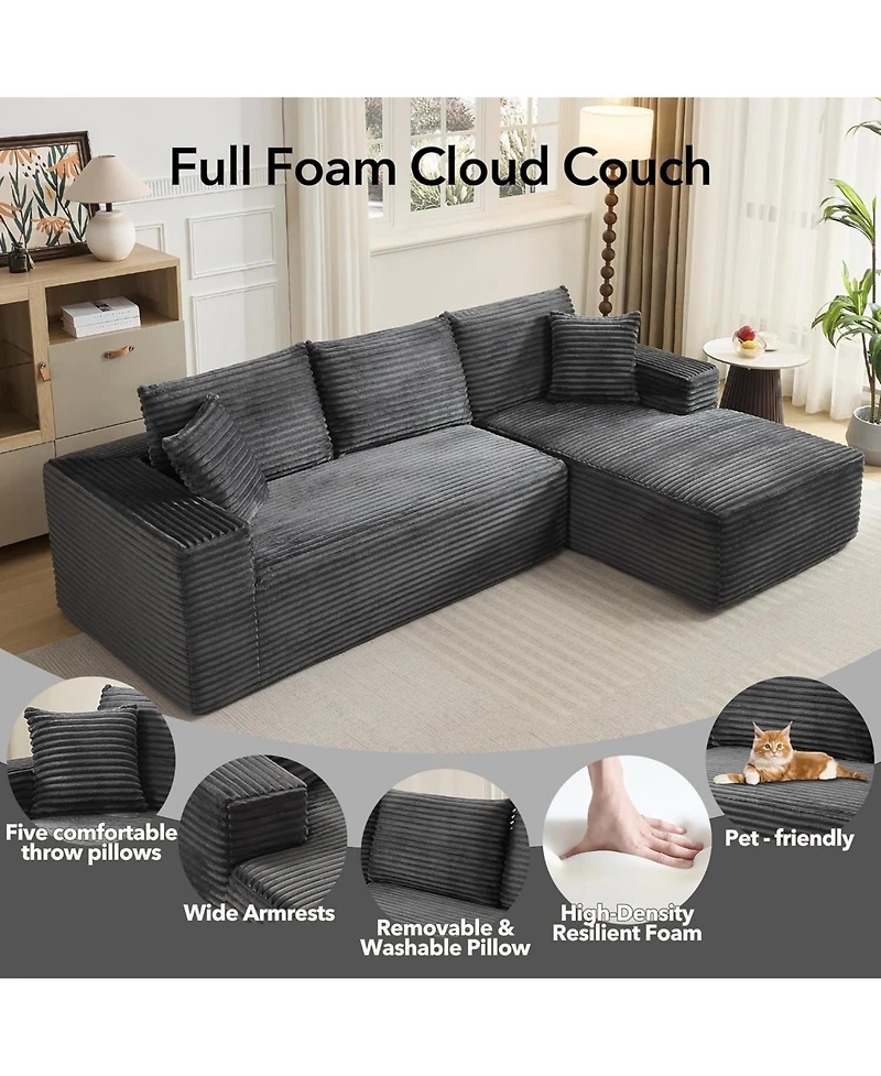 gaomon 108" Cloud Sectional Sofa, L-Shaped Couch with Deep Seat, Corduroy